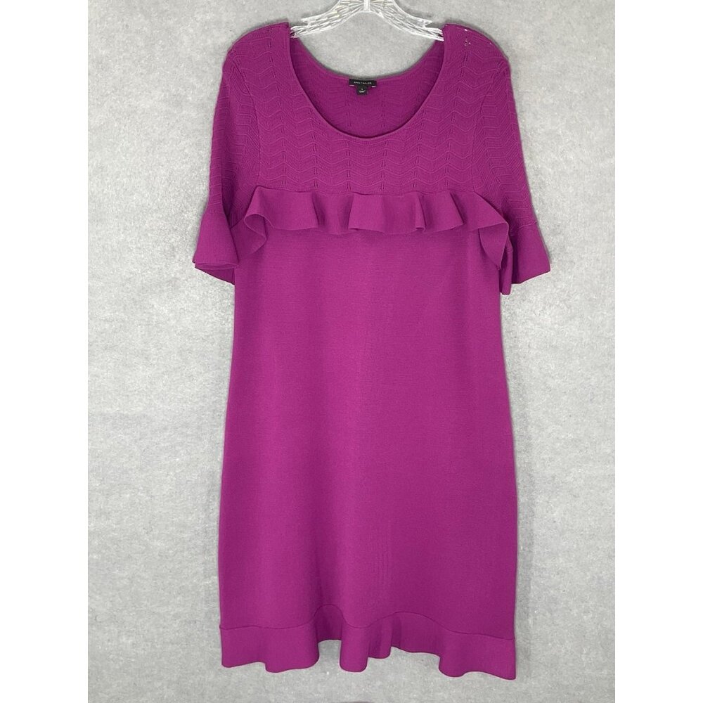 Ann Taylor Dress Womens Sz L Magenta Knit Ruffle‎ Flare Midi Shift Career Modest